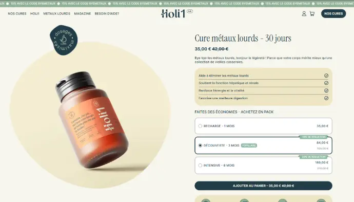 page produit d'un site e-commerce qui vend des complément alimentaires