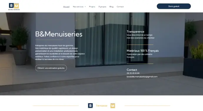 Home page du site vitrine d&#39;un menuisier