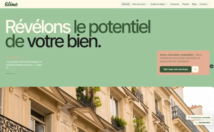 Page d&#39;accueil d&#39;un site vitrine de courtier en immobilier sur Paris