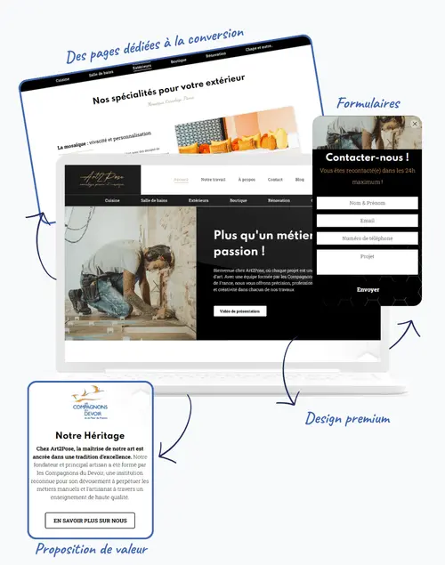 Plusieurs captures d&#39;écran d&#39;un site réalisé par Xelico pour un artisan carreleur : Art2pose