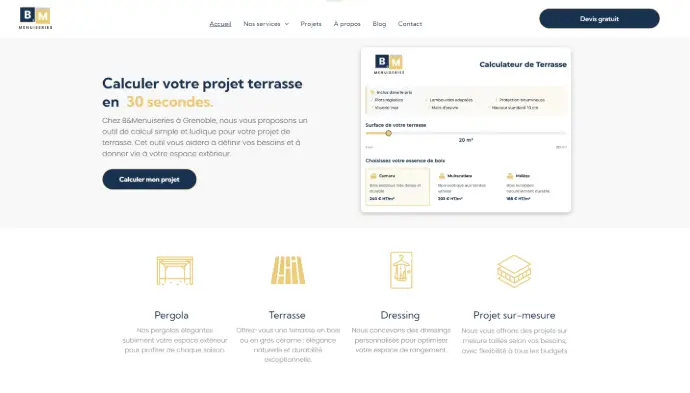 Capture d&#39;écran d&#39;un site de menuisier et de section avec des CTA