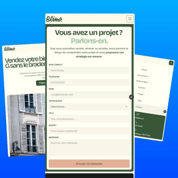 Trois visuels qui montrent des éléments dans le site Web, comme des formulaires de contact et des Landing Page