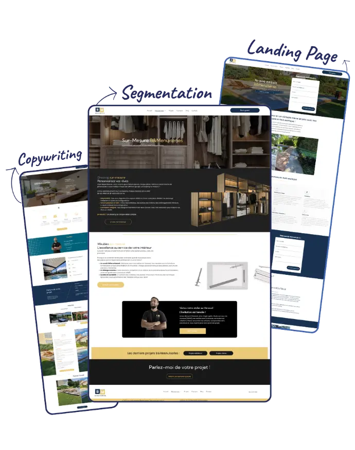Plusieurs captures d&#39;écran de Landing Page réalisées pour un menuisier.