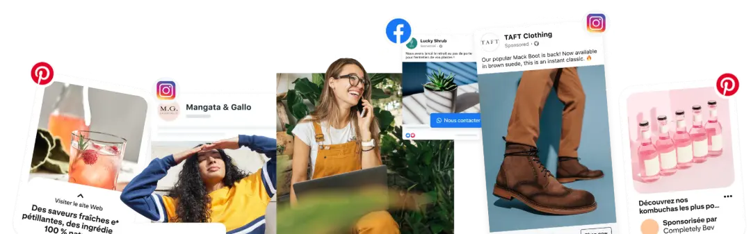 Une femme qui est au téléphone dans son atelier avec des captures d'écran de publication, Facebook et Instagram en publicité