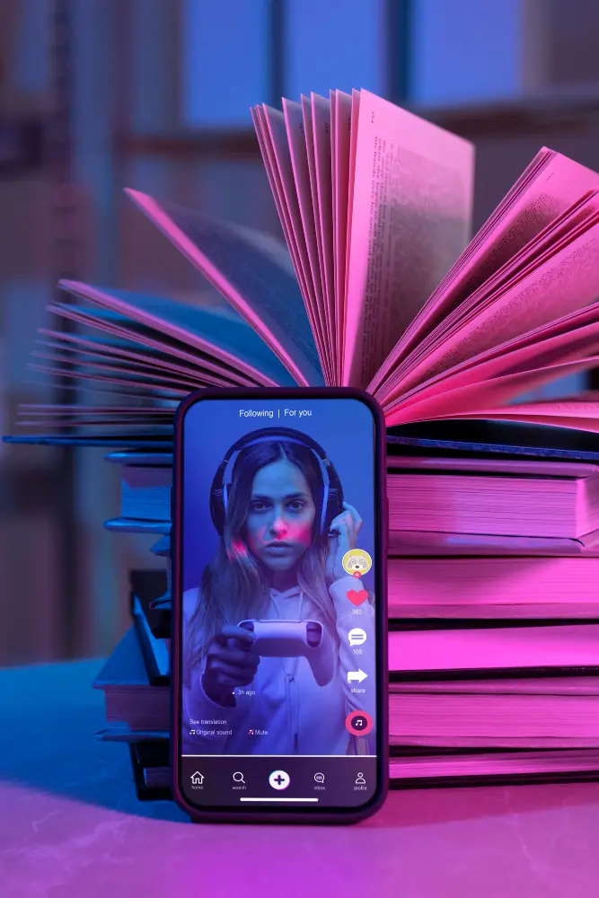 Un. Téléphone posé sur un livre qui affiche le Feed de TikTok.