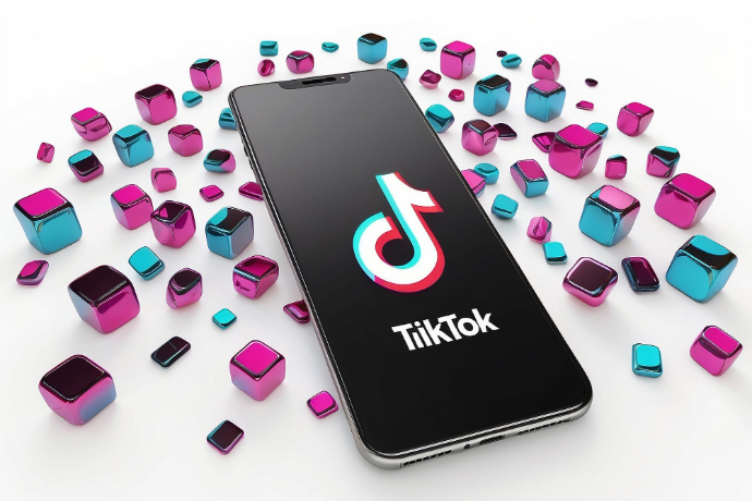 Un. Téléphone avec sur l'écran, le logo TikTok posé sur un fond blanc.