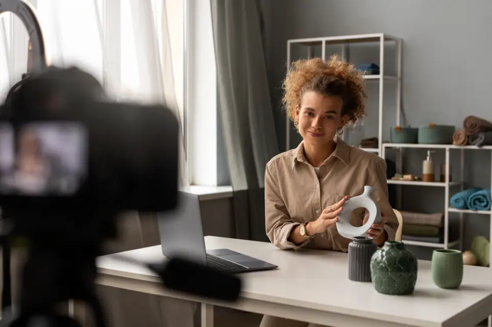 Une e-commerce hante qui montre un de ses produits à une caméra dans son atelier