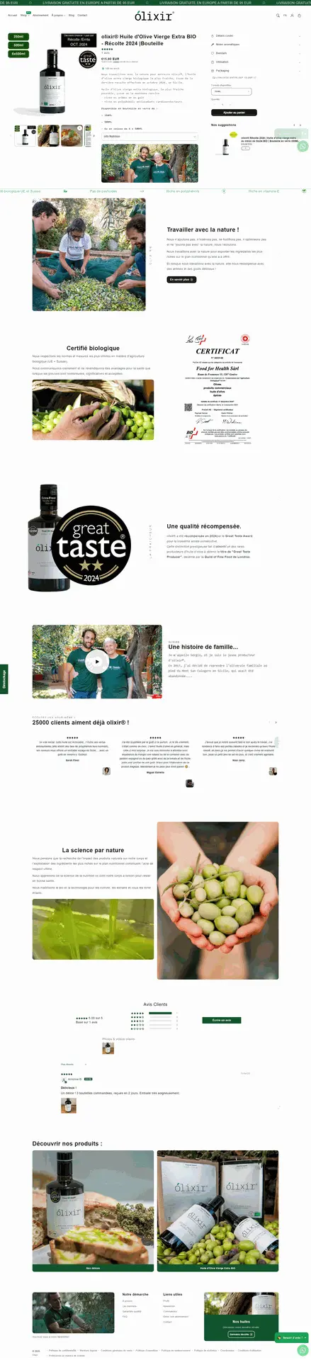 Page produit du site ecommerce Olixir