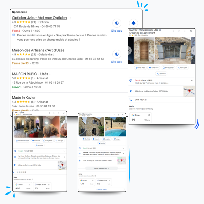 plusieurs capture d'écran de résultats de recherche pour des artisans local