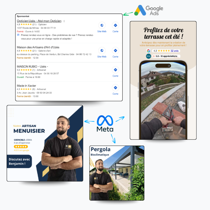 Plusieurs capture d'écran de publicité Meta pour des artisans