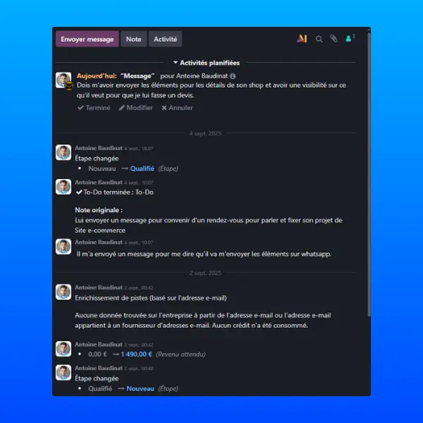 workflow d'activité de contact entre un artisan et son prospect