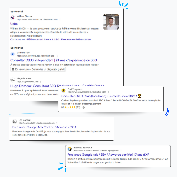 plusieurs capture d&#39;écran de résultats de recherche google pour des freelances