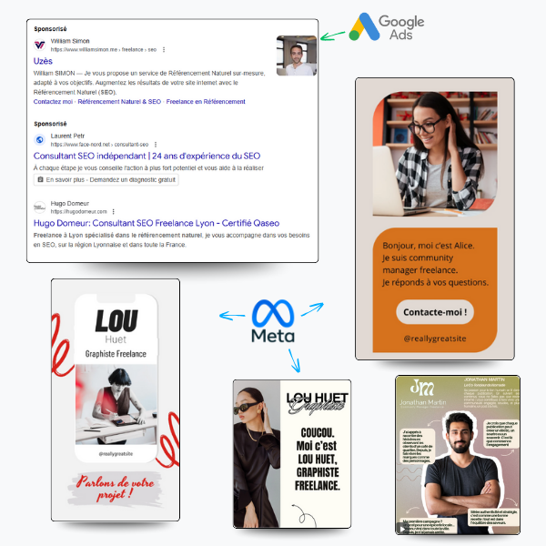 plusieurs captures d&#39;écran de visuels pour des pub Meta pour mettre en avant des freelances
