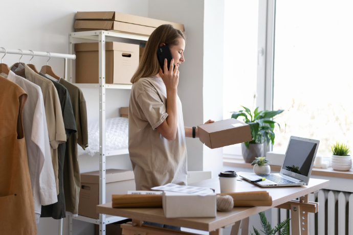 une e-commerçante qui regarde un produit et est au téléphone