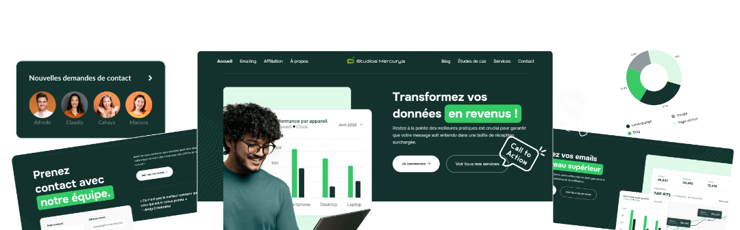 Page d&#39;accueil d&#39;un site Web Flow réalisé par Xelico qui propose des services d&#39;emailing et d&#39;affiliation.