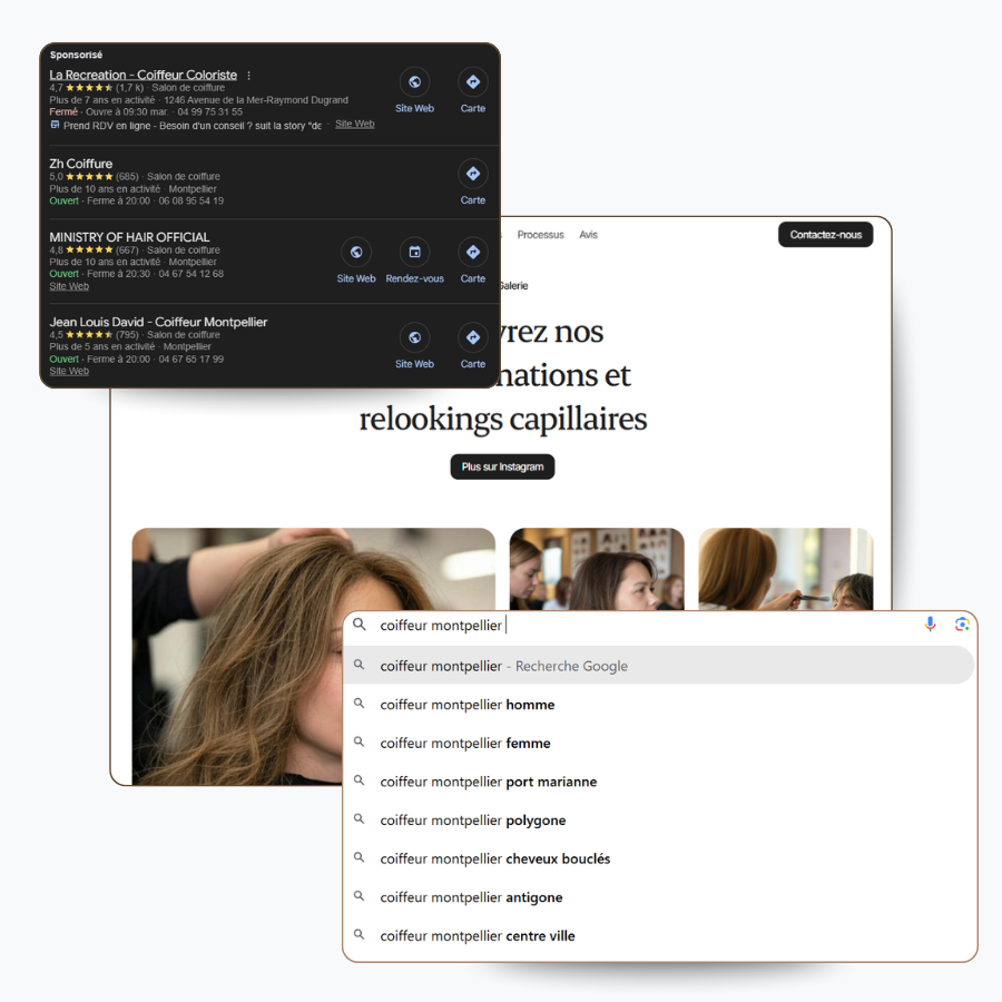 Montage phot de site vitrine pour coiffeur avec des recherches google.
