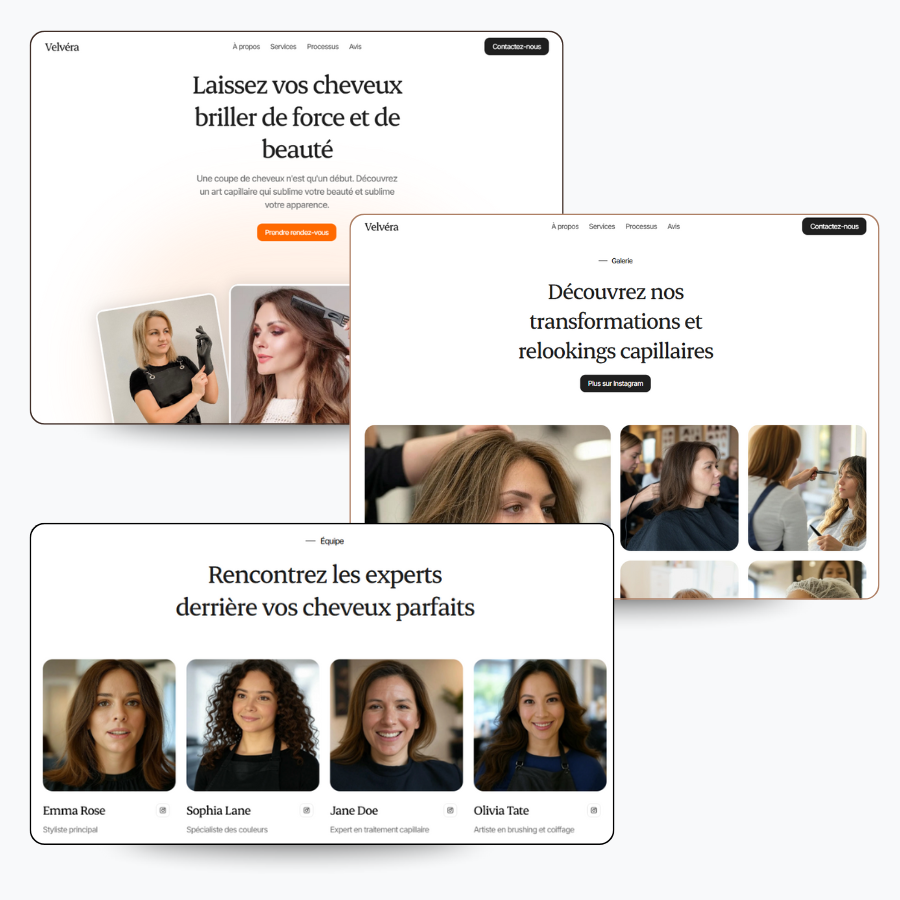 plusieurs pages d&#39;un site vitrine pour un salon de coiffure.