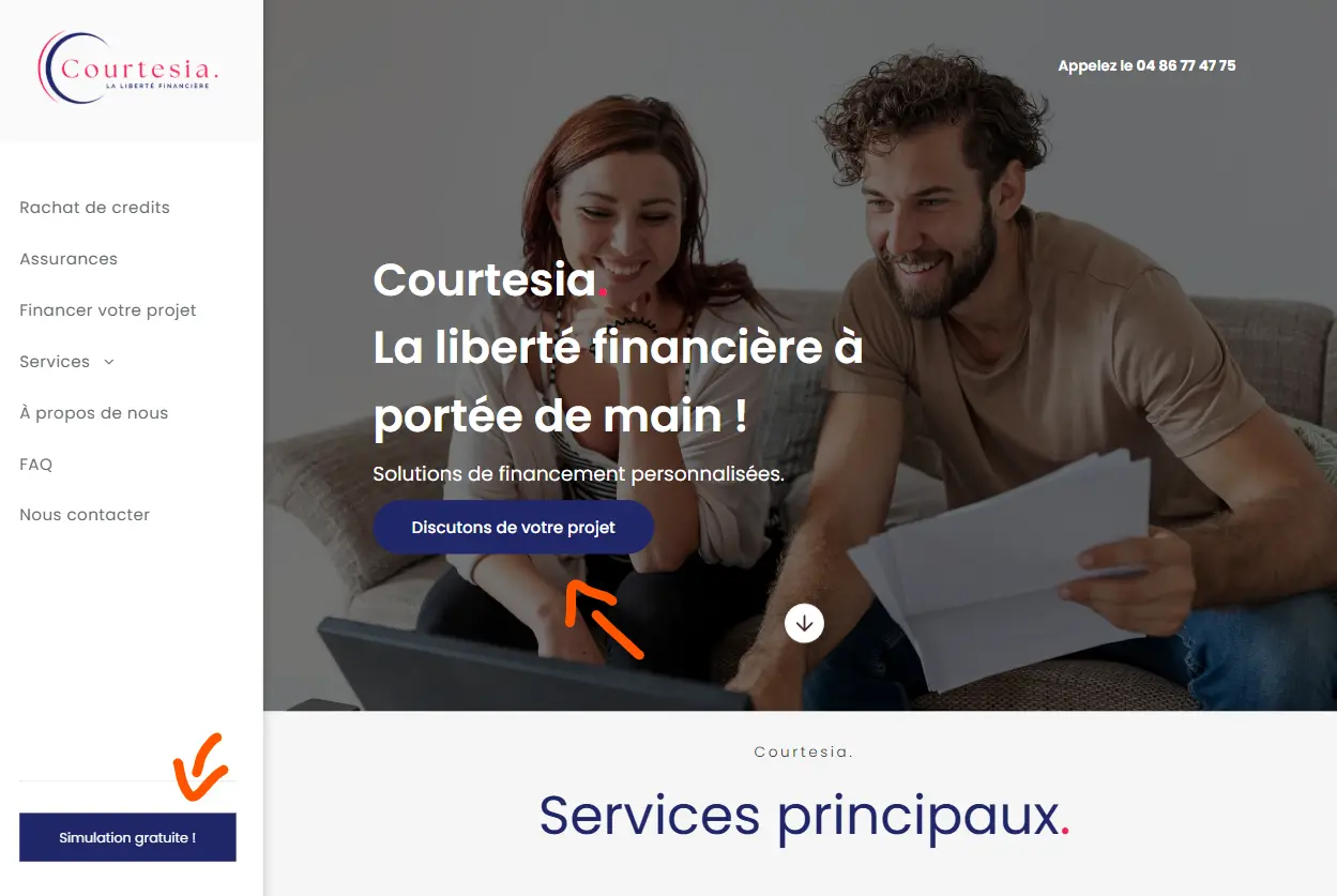 Page d&#39;accueil qui d&#39;un site qui montre avec des flèches les CTA 