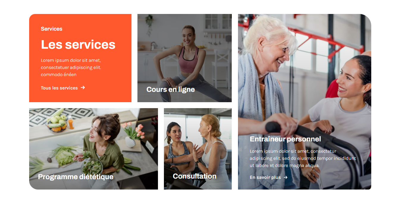 section d'un site internet style bento d'un coach sportif