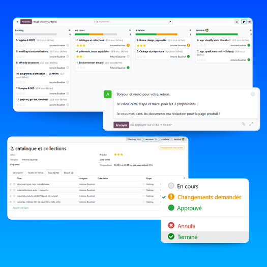 captures ddécran d'une gestion de projet vu kanban chez Xelico