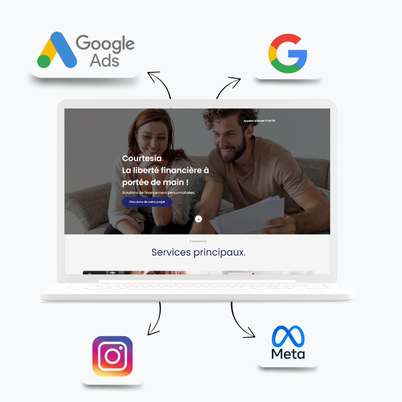 un ordinateur portable qui montre la page d'accueil d'un site de rachat de crédit avec des logo de Google, Facebook, Instagram et Meta