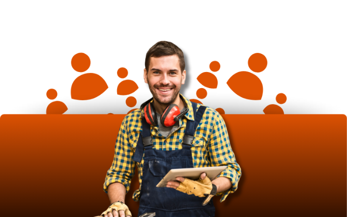 Menuisier qui tiens une tablette avec des icones de leads derrière lui