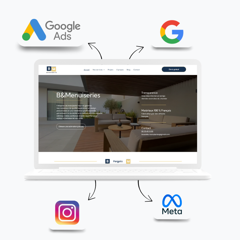 Page d&#39;accueil d&#39;un site de menuisier avec logo : Google ads, Google, Meta et Instagram