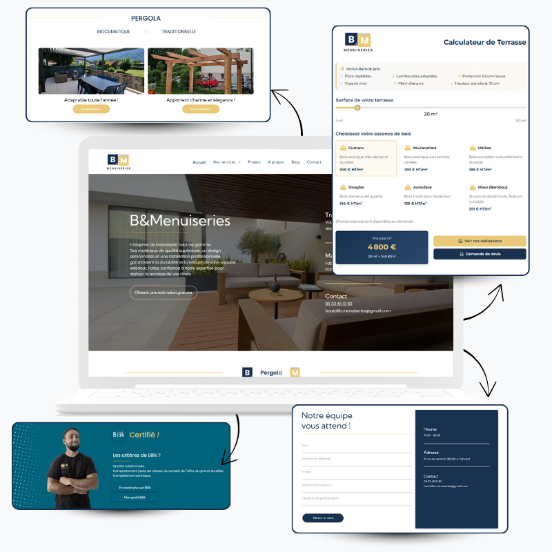Une page d&#39;accueil de site de menuisier avec de la mise en avant de 4 CTA important présent sur le site