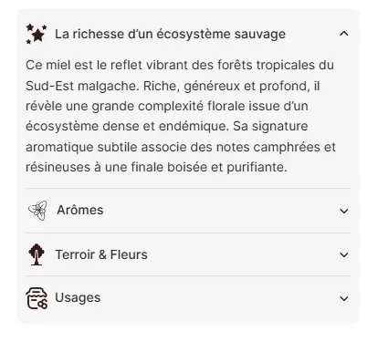 Etiquette pour miel sur une page produit d&#39;un site e-commerce créé par Xelico