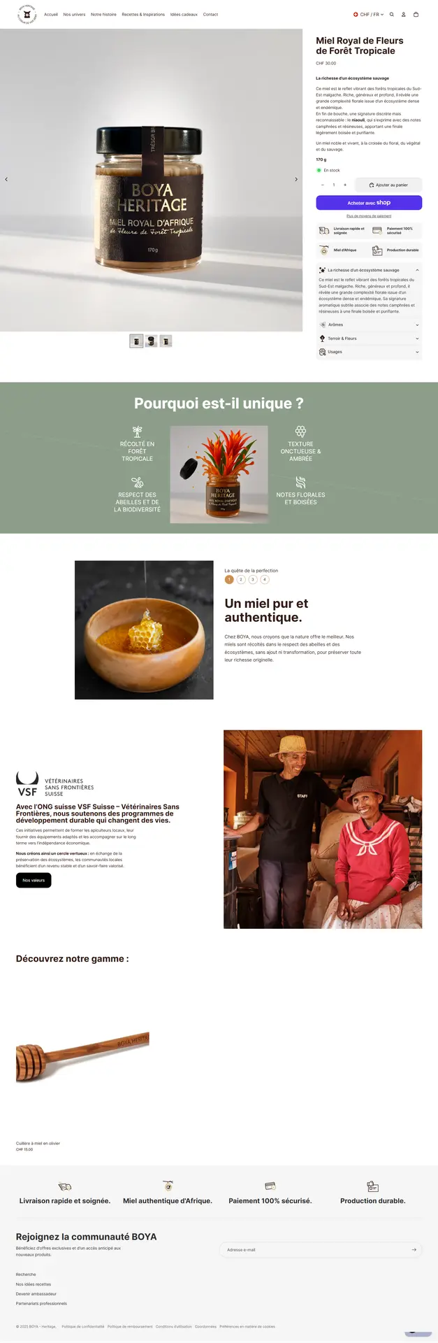 Section à propos de Boya Heritage, un site e-commerce créé par Xelico