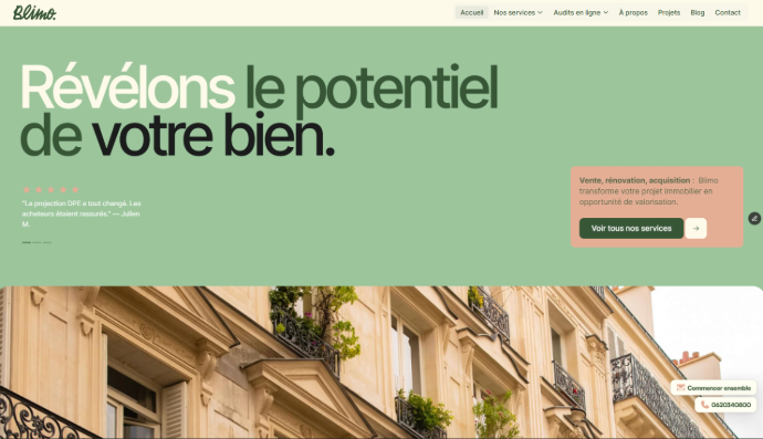 Une page d'accueil d'un site pour un courtier en immobilier sur Paris sur Framer