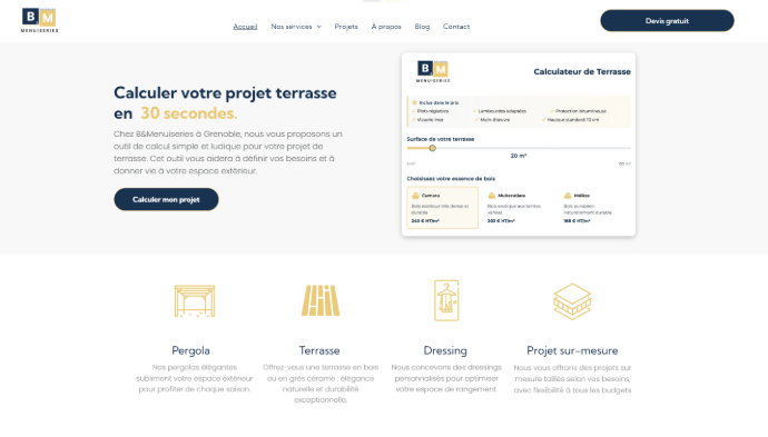 Capture d'écran d'un site de menuisier et de section avec des CTA