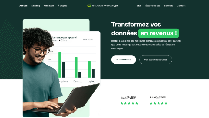 Page d'accueil d'un site Web Flow réalisé par Xelico qui propose des services d'emailing et d'affiliation.