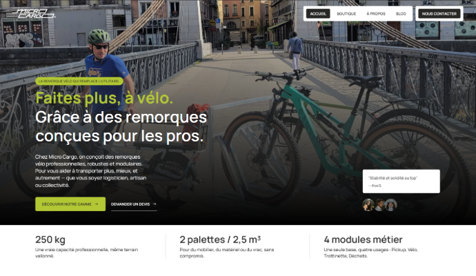Une page d'accueil d'un site d'entreprise de location de remorque réalisée sur Framer