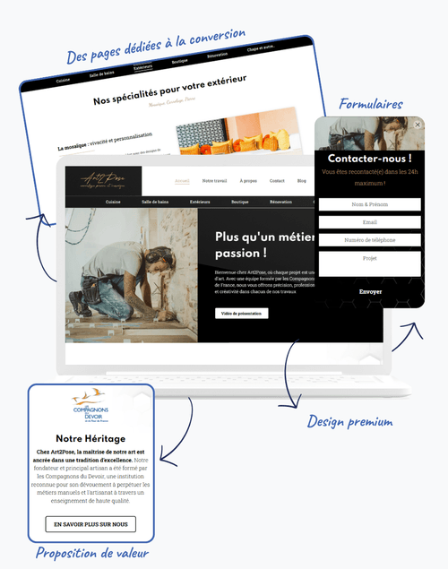 Plusieurs captures d'écran d'un site réalisé par Xelico pour un artisan carreleur : Art2pose