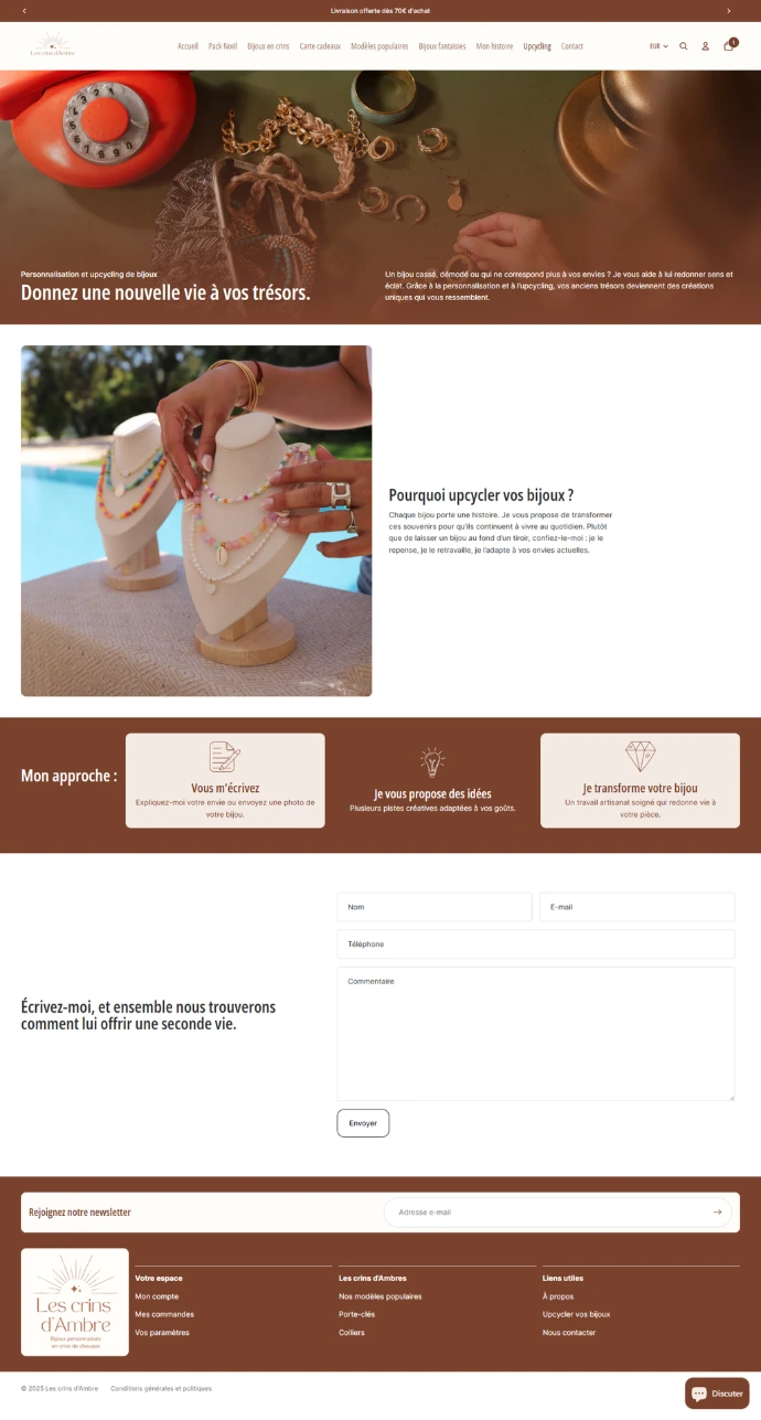 Capture d&#39;écran de la page d&#39;Upcycling du site e-commerce les crins d&#39;ambre créé par Xelico