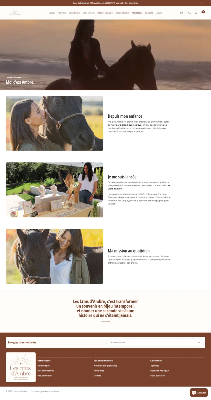 Capture d&#39;écran page à propos du site e-commerce les crins d&#39;ambre créé par Xelico