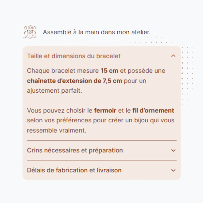 Capture d&#39;écran des FAQ et des éléments importants de la page produit du site e-commerce les crins d&#39;ambre créé par Xelico