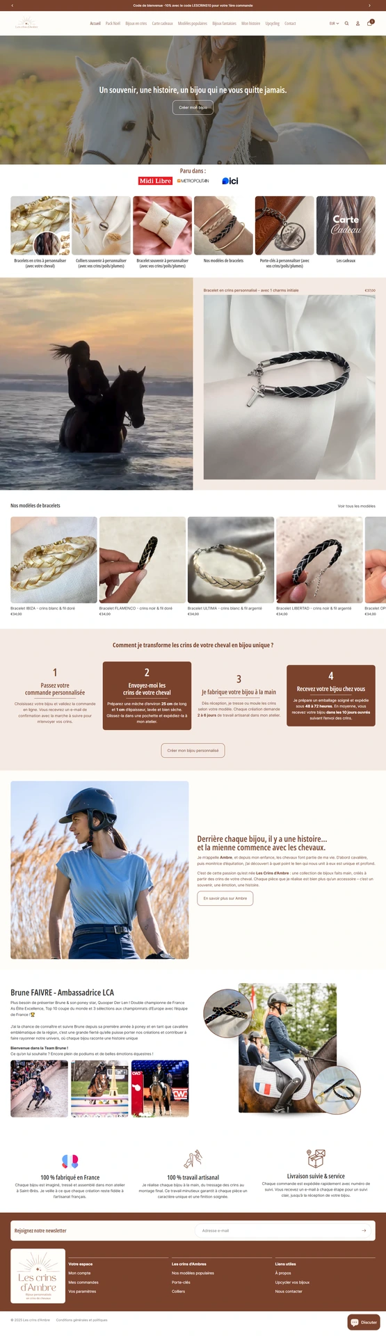 Capture d&#39;écran de la page d&#39;accueil du site e-commerce les crins d&#39;ambre créé par Xelico