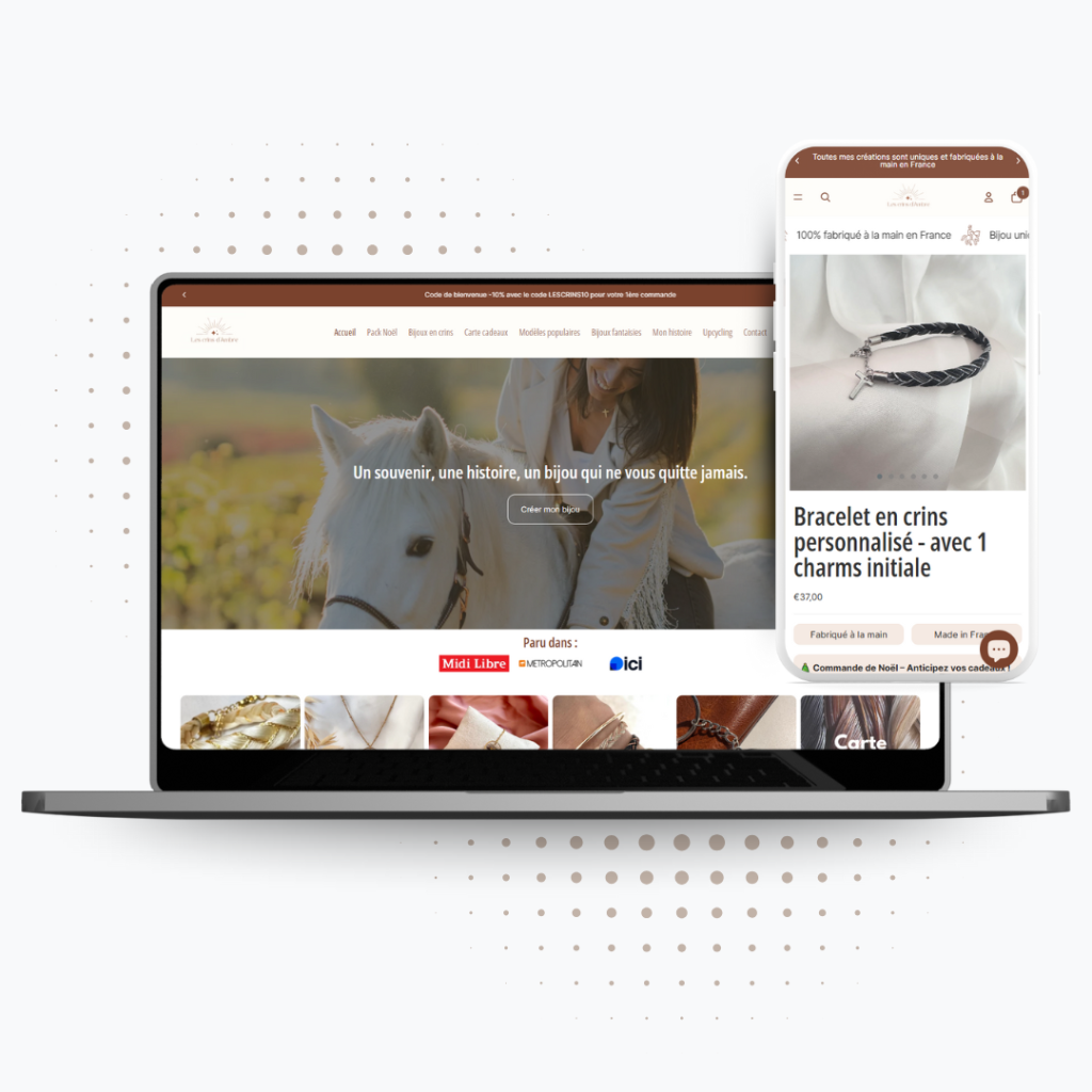 Deux capture d&#39;écrans du site e-commerce les crins d&#39;ambre créé par Xelico