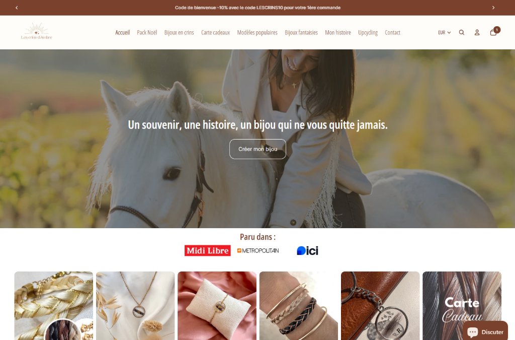 Capture d&#39;écran de la page d&#39;accueil du site e-commerce les crins d&#39;ambre créé par Xelico