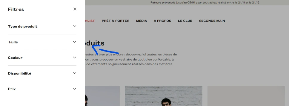 Exemple de filtre dans une collection e-commerce Shopify
