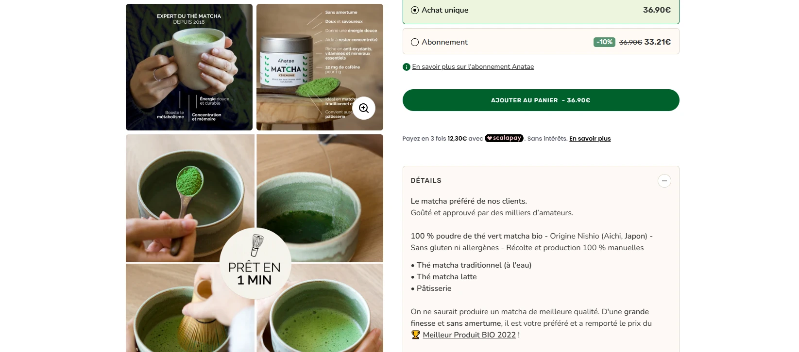 Une page produit Shopify avec plusieurs photo de produits sur la gauche pour montrer plusieurs angles de produits.