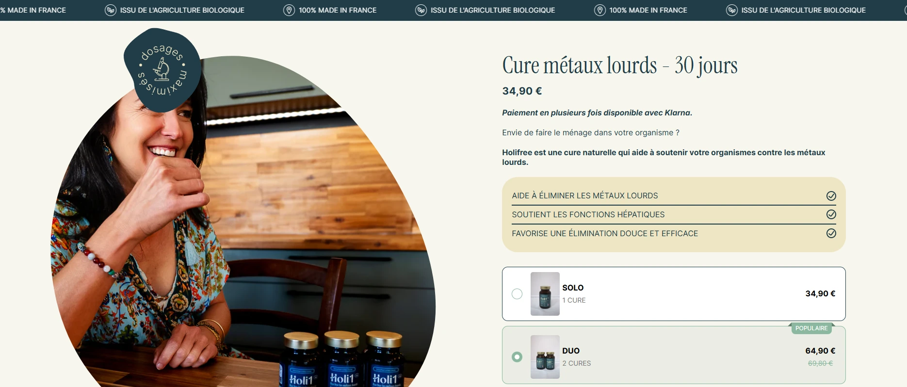 Une belle page produit Shopify réalisé par Xelico avec une photo du produit de mise en situation.