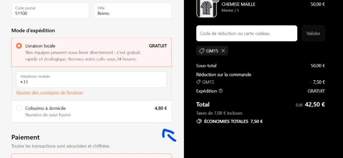 Capture d'écran d'une page de paiement Shopify et mettre en avant les méthodes de livraison