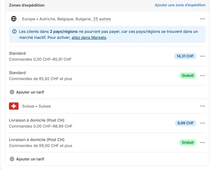 Différente zones de livraison dans le back office de Shopify