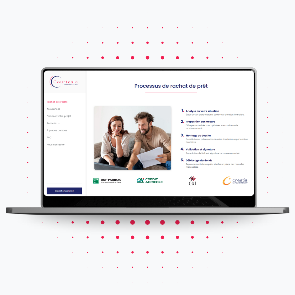 Mockup écran d'ordinateur portable qui montre la page d'accueil de Courtesia