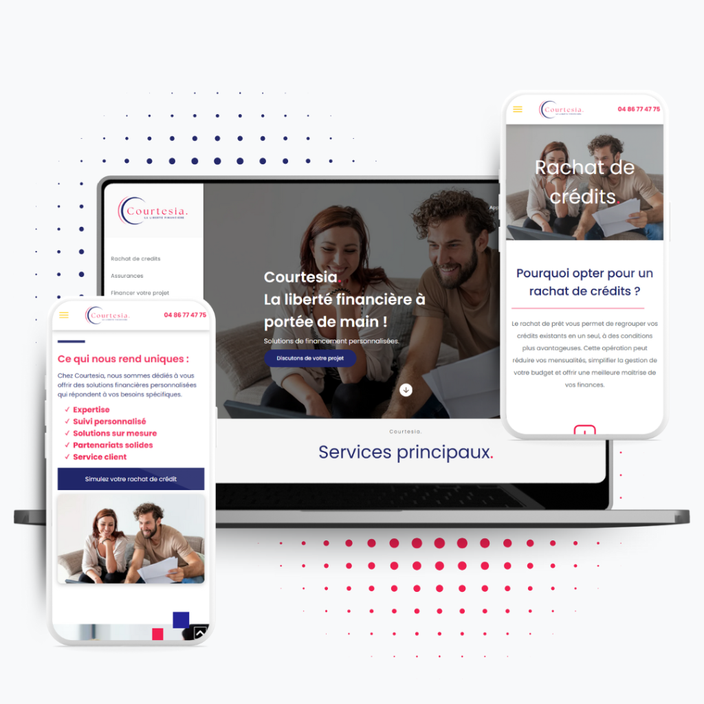 Mockup ordinateur portable + 2 téléphone qui montre des pages web de Courtesia