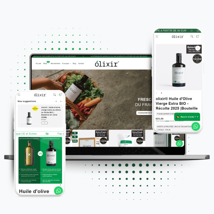 Mockup ordinateur portable + 2 téléphone qui montre le e-commerce Olixir