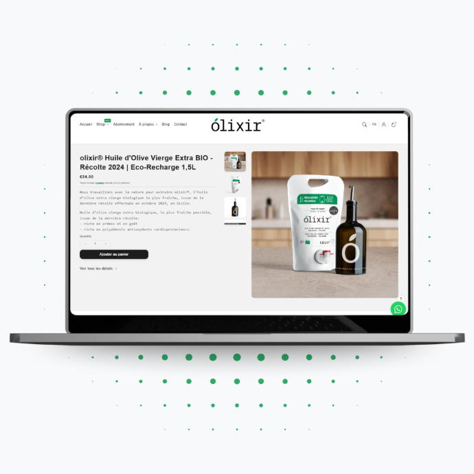 Mockup ordinateur portable qui montre le e-commerce Olixir